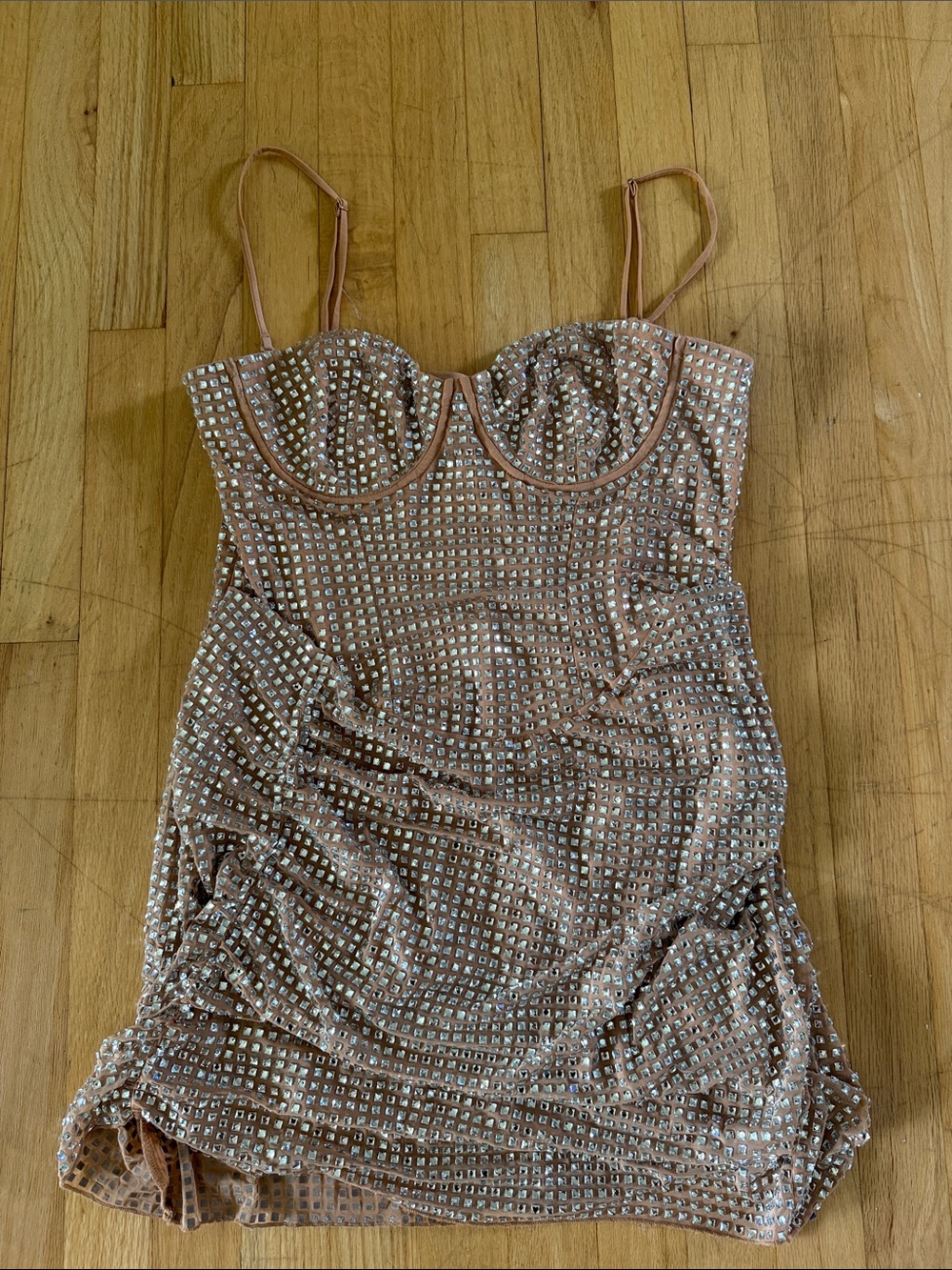 Oh Polly Nude Strapless Rhinestone Bodycon Mini Dress - Picture 3 of 5